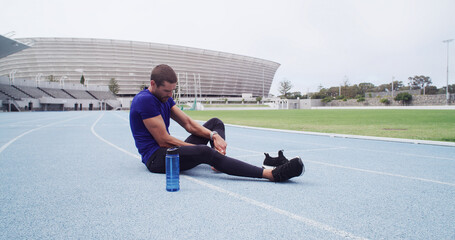 Fitness, foot pain and man in stadium for accident, emergency or physical risk with training....