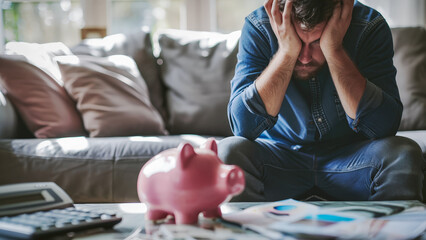 Stressed man calculating home finances with piggy bank