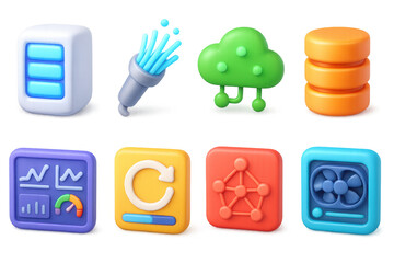 Colorful 3d icons of technology and data management elements