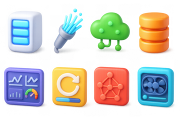 Colorful 3d icons of technology and data management elements