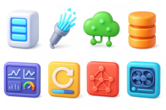 Colorful 3d icons of technology and data management elements