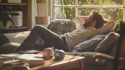 Stressed man calculating home finances with piggy bank