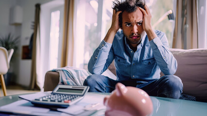 Stressed man calculating home finances with piggy bank