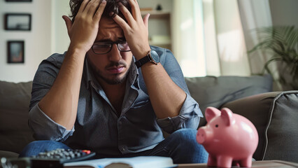 Stressed man calculating home finances with piggy bank