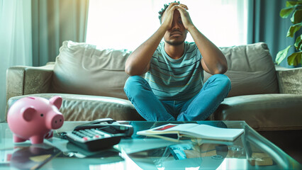 Stressed man calculating home finances with piggy bank