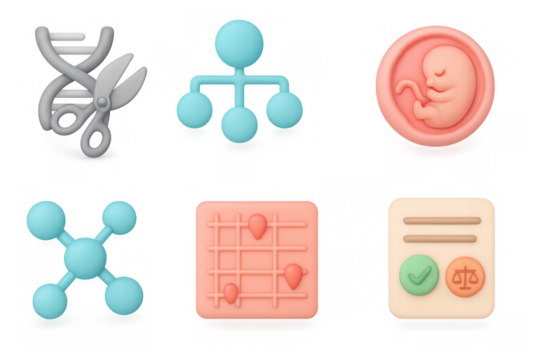 Colorful 3d icons of genetics, family, and healthcare concepts