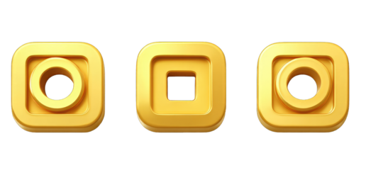 Three golden, square icons with recessed circles or squares