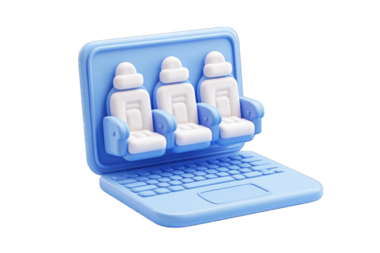 Three light-colored seats pop out of a light-blue laptop