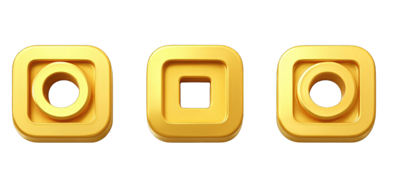 Three golden, square icons with recessed circles or squares