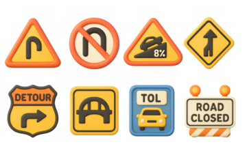 Colorful 3d road sign collection: traffic warnings and directions