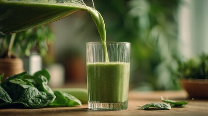 A refreshing green smoothie being poured into a clear glass, surrounded by fresh spinach leaves and a vibrant, natural setting.