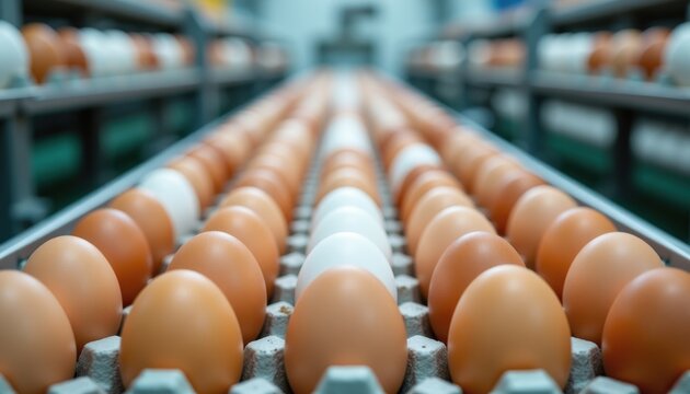 egg factory sorting line capturing sanitized conveyor transporting brown and white eggs in symmetry, photo realistic style, high resolution, clear composition
