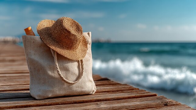 Beach day tote bag with straw hat and sunscreen on wooden pier beside rolling ocean waves