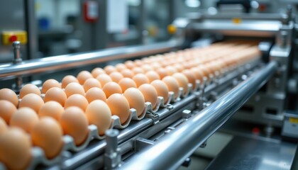 Obraz premium egg factory sorting line stainless steel machinery disinfected and shining, eggs moving orderly, photo realistic style, high resolution, clear composition