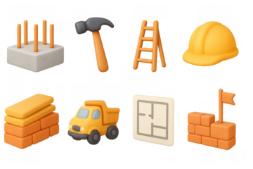 Construction icon set featuring tools and equipment in 3d cartoon style
