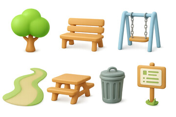 Colorful 3d park elements set with tree, bench, and playground swing