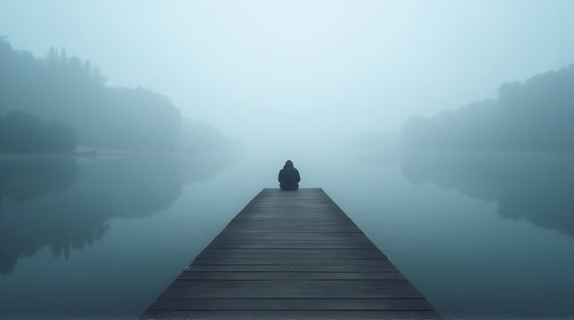 person sits on dock looking at misty lake