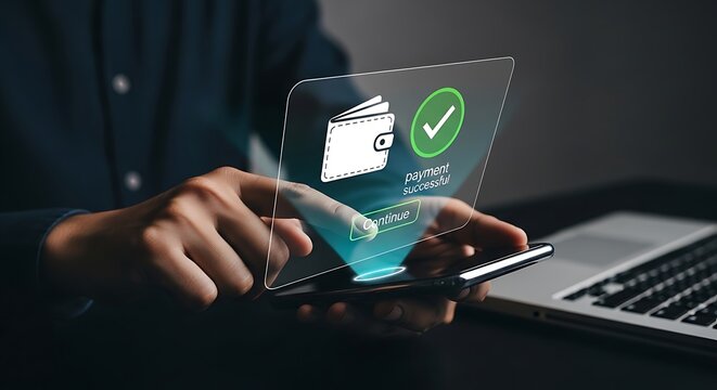 Person using smartphone for online payment with successful transaction - Powered by Adobe