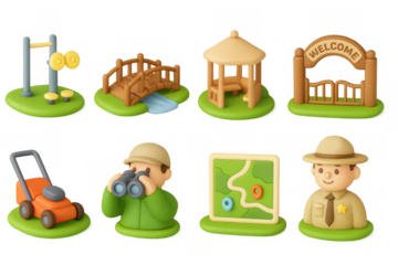 Playful park elements with ranger and nature objects in whimsical 3d design