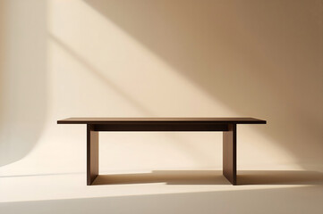 Minimalist dark walnut table with soft light and shadow on beige background furniture wood