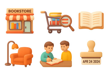Cozy bookstore elements with reading and shopping icons in 3d style