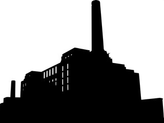 Constructivist Industrial Silhouette
A bold, black-and-white constructivist-inspired rendering of a massive industrial building with a prominent chimney and strong angled perspective.
