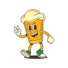 Yellow cartoon beer glass with foamy head, big smile, green sneakers and expressive face showing peace gesture with hand. Cheerful comic mascot character. Vector illustration