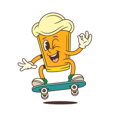 Playful cartoon beer glass character with foam head jumping on green skateboard, winking and making ok sign with hand. Perfect for brewery branding or event identity. Vector illustration
