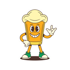 Cheerful cartoon beer glass mascot with foam head smiling and showing ILY hand gesture in a welcoming pose. Ideal for brewery branding or beer events. Vector illustration