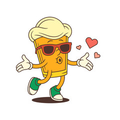 Yellow cartoon beer glass mascot wearing red sunglasses, blowing a kiss, and surrounded by flying red hearts. Perfect for brewery branding and beer festival designs. Vector illustration