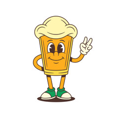 Yellow cartoon beer glass mascot with a large foamy head stands upright, smiling slightly and showing a peace hand gesture. Ideal for brewery branding, beer festivals. Vector illustration