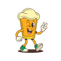 Joyful yellow cartoon beer glass mascot with large foamy head walking while winking and showing peace hand sign. Perfect for brewery branding and beer festival promotions. Vector illustration