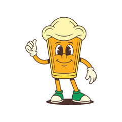 Yellow beer glass mascot with large foamy head stands smiling slightly while showing a thumbs up gesture. Perfect for brewery branding, beer festivals, and marketing campaigns. Vector illustration