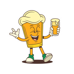 Joyful cartoon beer glass mascot with large foam head laughing with closed eyes, holding beer and showing ILY hand gesture. Ideal for brewery identity or festival design. Vector illustration
