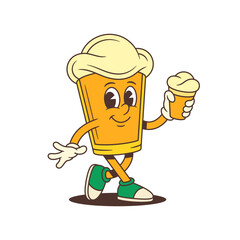 Cheerful cartoon beer mascot character with foamy head walking forward while holding a full pint of beer. Perfect design for brewery branding or beer celebration events. Vector illustration