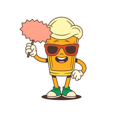 Cheerful cartoon beer glass mascot with big foam head and sunglasses standing with blank sign for advertising or branding. Great for brewery promotion and festivals. Vector illustration
