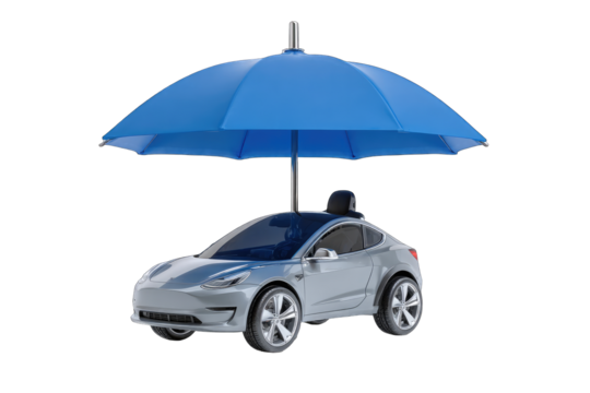 A silver electric car is protected by a blue umbrella