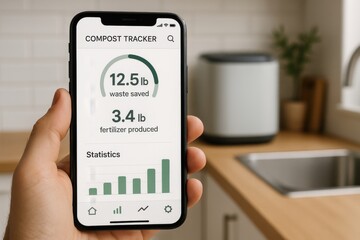A hand holds a smartphone showing compost tracking app data, indicating waste savings and fertilizer production in a smart kitchen.