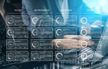 Task management tool dashboard showing kanban-style workflow with columns for to do, in progress, in review, and done, including task cards, progress, and team icons Vouch