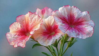 Close-up of three vibrant, ruffled flowers.  Soft pink, white, and red petals.  Blurred, pastel background
