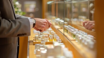 Man selecting perfume in a luxury store.