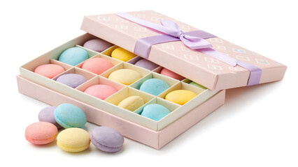 A delightful assortment of pastel macarons in a decorative pink box with a ribbon, isolated on white background