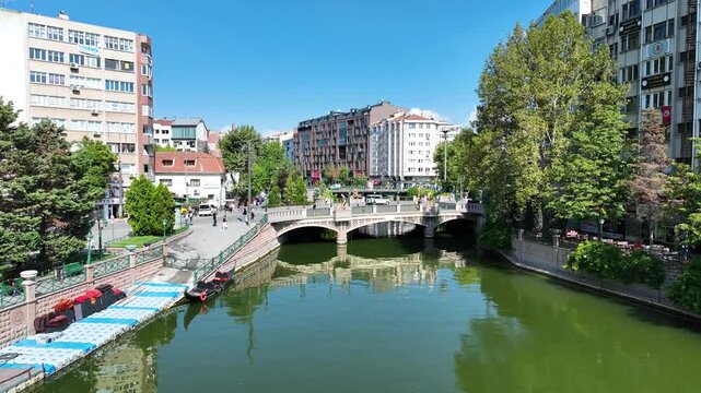 Drone footage of Eskisehir and porsuk stream - 4k view of Eskisehir