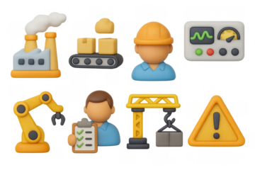 3d factory icons: industrial automation and safety