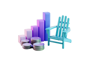 Growth chart, stacked coins, and a teal chair