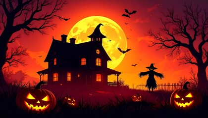 Halloween scene spooky house, pumpkins, scarecrow, and full moon