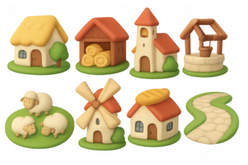 Charming 3d cartoon farm set with houses, animals, and pathways