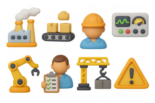3d factory icons: industrial automation and safety