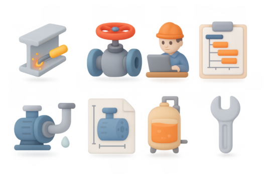 3d isometric industrial icons: worker, machinery, tools, and equipment