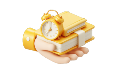 Hand holding a yellow book and alarm clock